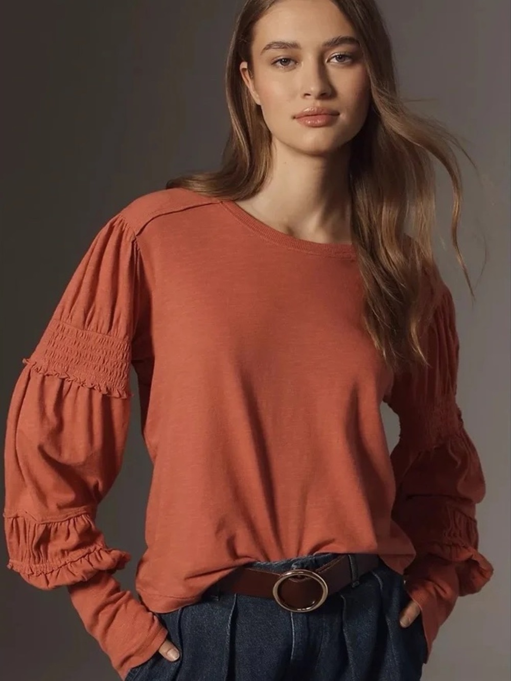 Anthropologie Pilcro Crew-Neck Ruched & Smocked-Sleeve Top